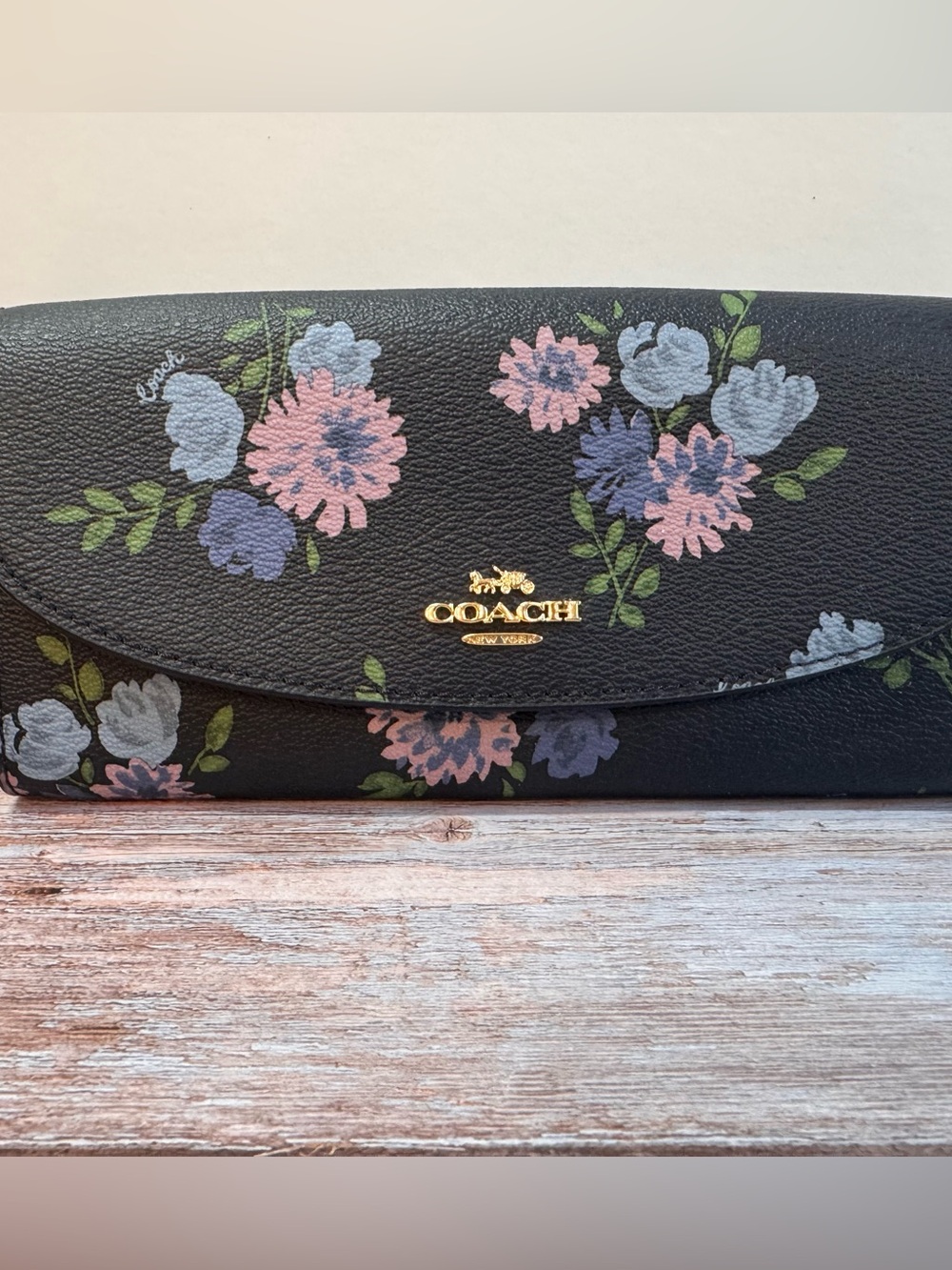 COACH Navy Blue Floral Leather Clutch Wallet with Gold Logo